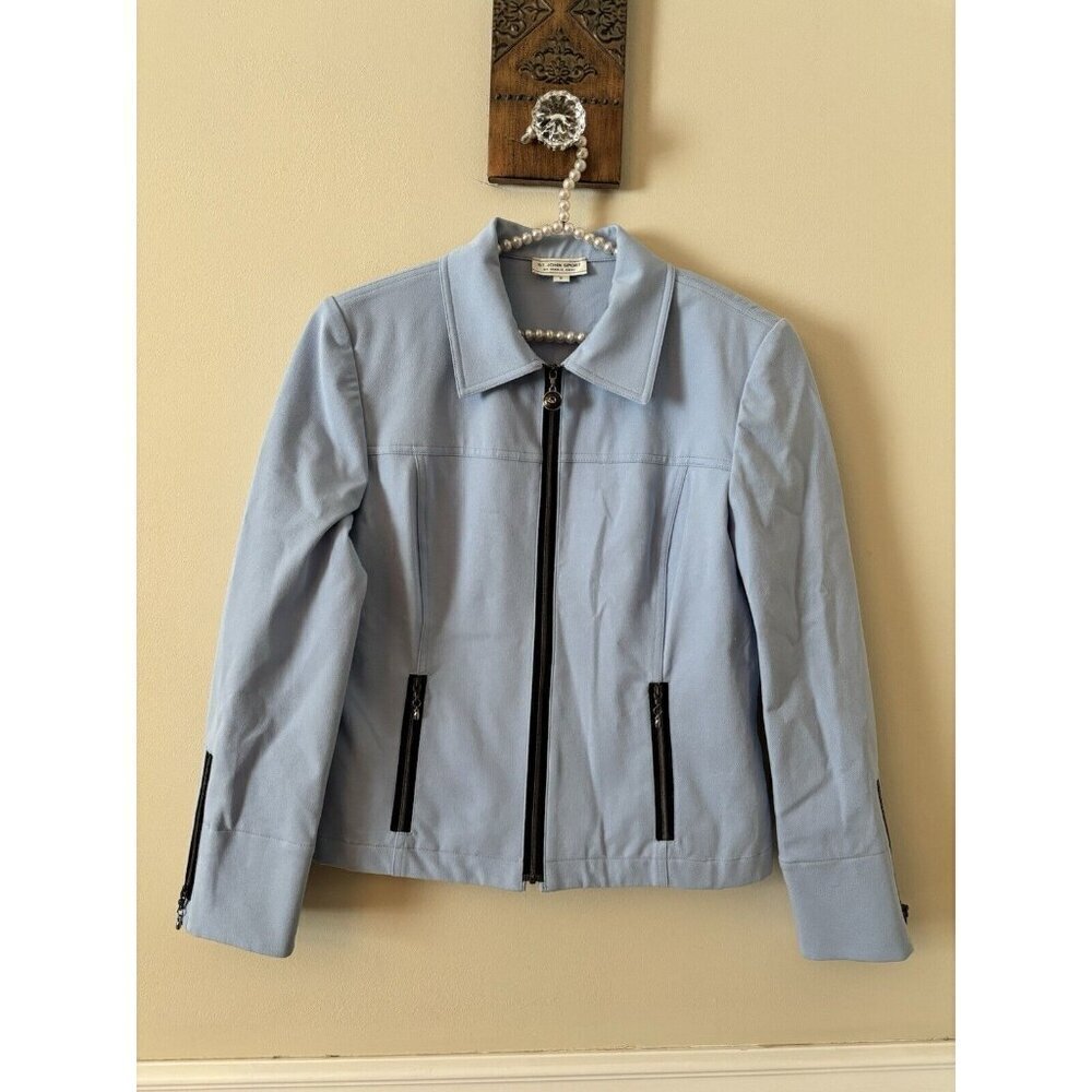 St John Sport Marie Gray Size M Blue Jacket Full Zip Cotton Blend Stretch